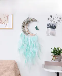Bohemian moon dream catcher with tree of life stones and feathers on white wall
