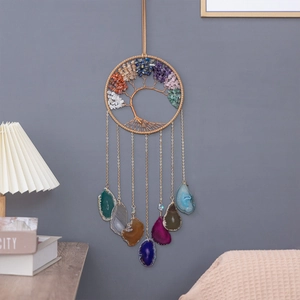 Tree of Life wall hanging decor with colorful natural crystals and agate slices
