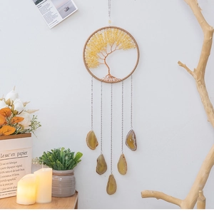 Detailed handcrafted Tree of Life wall hanging with yellow crystals and agate slices