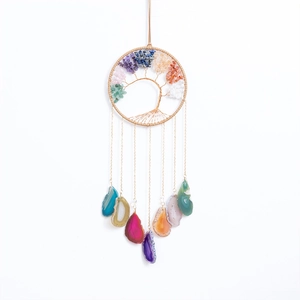 Tree of Life wall hanging with colorful crystal stones and agate slices ornament