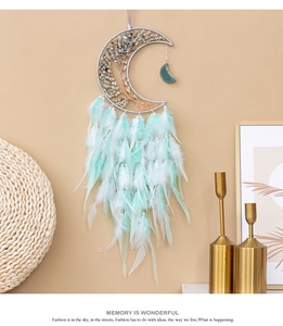 Moon-shaped dream catcher with tree of life wire wrapping and lush hanging feathers