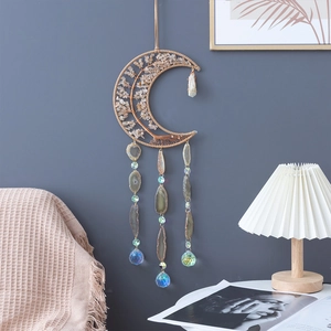 Handmade crescent moon tree of life wall hanging with citrine stones and agate slices