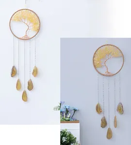 Detailed wire-wrapped tree of life wall hanging with yellow agate slices and crystal stones