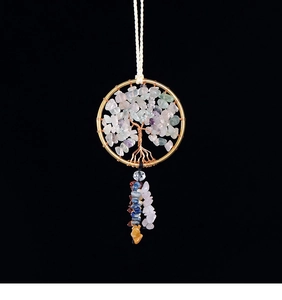 Detailed view of handmade Tree of Life wall hanging with natural colorful gemstones