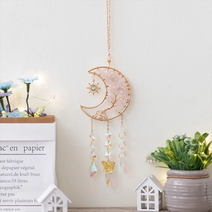 Pink crystal tree of life moon pendant with hanging sun and butterfly crystal charms