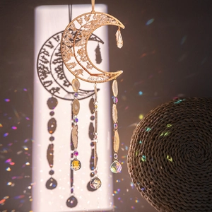 Moon-shaped citrine tree dreamcatcher with agate slices and crystal ball prisms