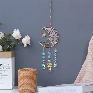 Pink crystal tree of life moon dream catcher with hanging crystals for wall or car decor