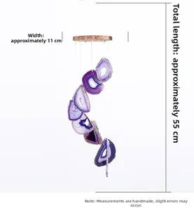 Detail showing dimensions of purple agate wind chime with wooden top and seven natural slices