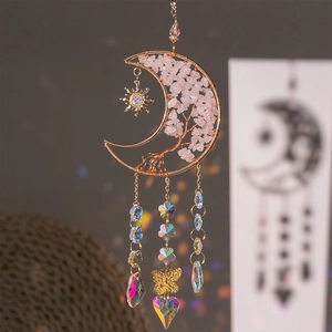 Pink crystal tree of life moon suncatcher with hanging prisms for window decor