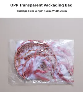 Detailed dimensions of moon-shaped dream catcher with feathers in OPP packaging