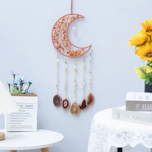 Handmade moon-shaped life tree wall hanging with red agate stones and crystal pendants