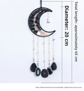 Capteur de rêves lune avec arbre de vie en obsidienne et tranches d'agate, 20x65cm