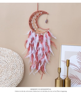 Detail of moon-shaped dream catcher with crystal tree of life and red-white feathers
