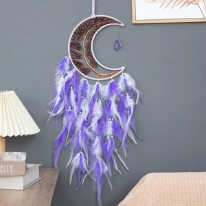 Handmade moon dream catcher with strawberry quartz tree of life and purple feathers