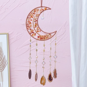 Bohemian tree of life moon pendant with agate slices and crystal hangings for home decor