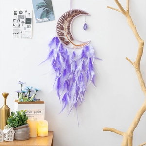 Handmade moon dream catcher with tree of life crystal and purple feathers home decor