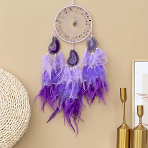 Purple Dream Catcher With Amethyst Agate Slices And Feathers Handmade Bohemian Wall Hanging Home Decor Mystical Ornament