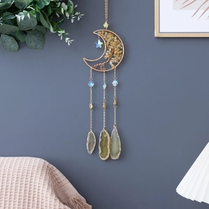 Moon Tree Of Life Hanging Decoration Citrine Yellow Crystal Agate Slices Handmade Bohemian Sun Catcher Home Wall Decor