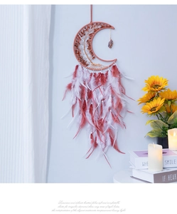 Detail of moon dreamcatcher with crystal tree of life and pink feathers on blue wall