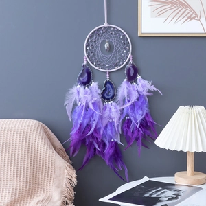 Purple amethyst dreamcatcher wall hanging with agate slices and soft feathers