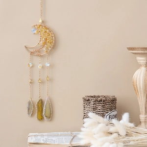 Bohemian gold crescent moon tree of life hanging crystal with yellow agate slice pendant