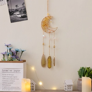 Golden crescent moon life tree hanging ornament with yellow crystal stones and quartz pendants