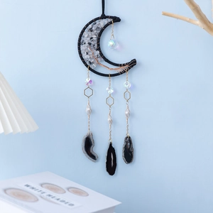 Moon-shaped tree of life wall hanging with natural agate slices and white crystal stones