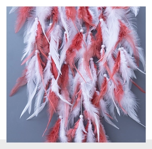 Detailed close-up of soft white and brick red natural feathers with white pearl accents