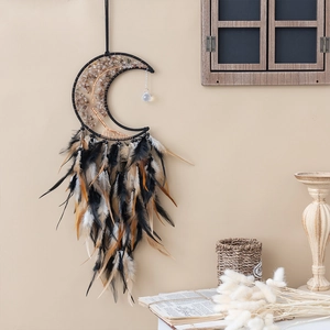 Bohemian black moon dream catcher with tree of life crystals and natural feathers