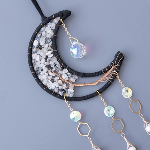 Moon-shaped dream catcher pendant with natural crystal stones and artistic metal wire tree