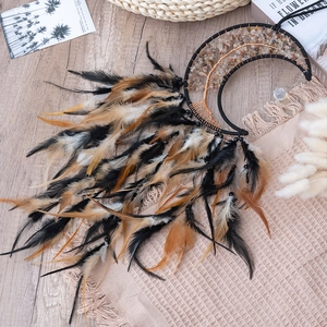 Bohemian crescent moon dream catcher with tree of life and black feathers wall hanging
