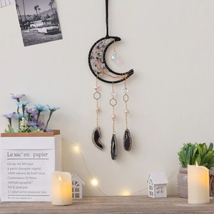 Bohemian crescent moon dream catcher with crystal stones and hanging agate slices