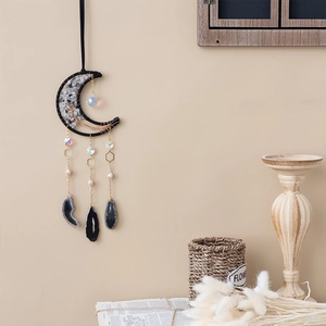 Bohemian moon wall hanging with tree of life crystal stones and black agate pendant