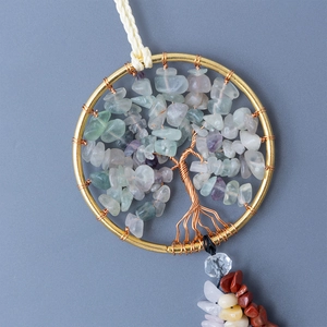 Handmade tree of life hanging ornament with natural colorful stones and golden frame