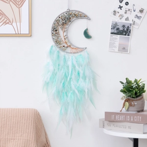 Bohemian crescent moon tree of life dreamcatcher with mint green feathers and natural stones