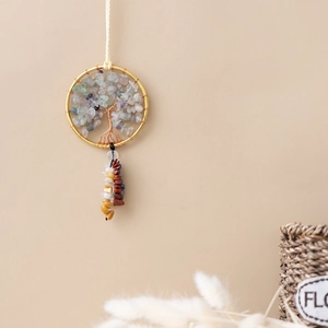Handmade tree of life hanging ornament with natural stones and bohemian tassels