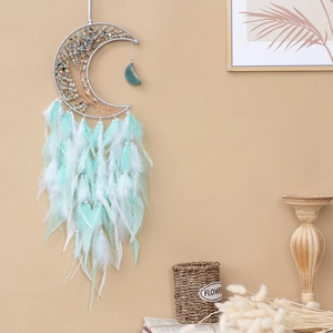 Bohemian moon tree of life wall hanging with natural stones and soft mint feathers