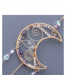 Detailed wire-wrapped moon suncatcher with purple amethyst stones and faceted beads