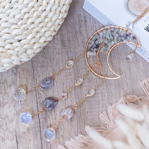 Moon Tree of Life Suncatcher with Natural Fluorite Crystals and Golden Wire Ornament