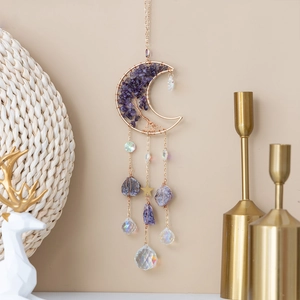 Golden moon sun catcher with amethyst tree of life and crystal ball hanging decor