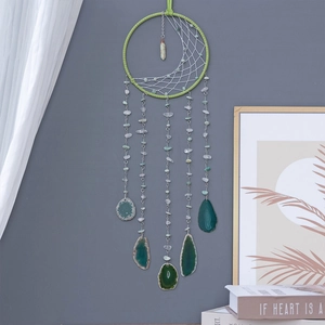 Moon Dream Catcher Wall Hanging Decor With Natural Green Agate Slices And Crushed Crystal Stones Bohemian Nordic Style