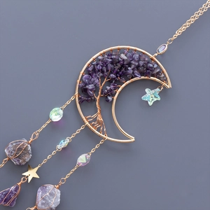 Golden moon suncatcher with amethyst tree of life stones and sparkling star pendants