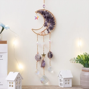Amethyst Tree of Life Moon Sun Catcher with Golden Metal Frame and Crystal Balls