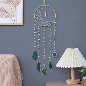 Handwoven Nordic half moon dreamcatcher with green agate slices and hanging crystals