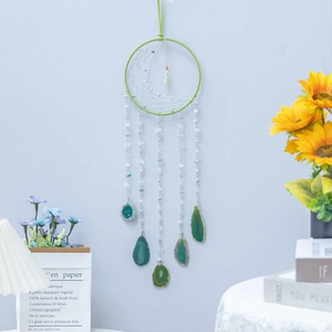 Nordic half moon dream catcher with green agate slices and natural stones wall hanging