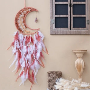 Bohemian moon dream catcher with crystal tree of life and soft pink feathers decor