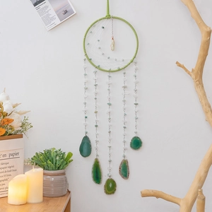 Nordic woven half moon dream catcher with natural green agate slices for wall decor