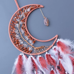 Pink moon dream catcher with tree of life crystals and soft hanging white feathers