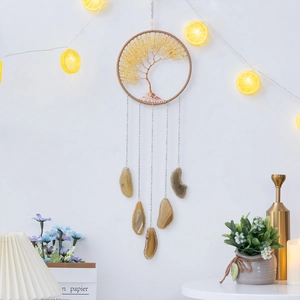 Handmade Tree of Life wall hanging with yellow crystal gravel and agate slices