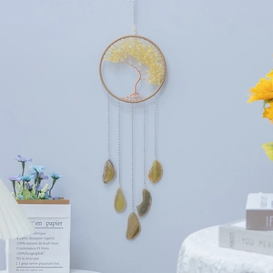 Tree of Life wall hanging with yellow crystal stones and hanging agate slices